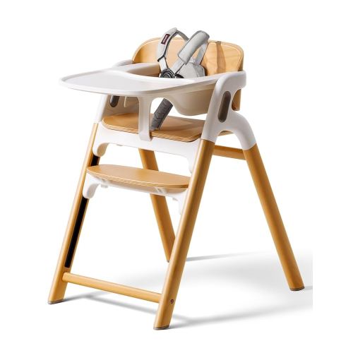 Momcozy DinerPal Wooden High Chair for Babies, Toddlers & Adults Up to 308 Lbs, Convertible Baby Highchair with Food-Grade Tray, Dishwasher-Safe, Adjustable & Ergonomic, Natural Wood