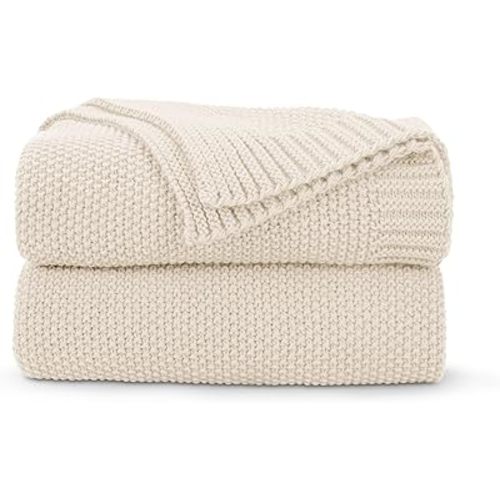 CozeCube Beige Throw Blanket - Soft Cozy Cable Knit for Couch, Bed, Sofa & Living Room - Lightweight, Warm & Decorative - Farmhouse & Christmas Knitted Throw - 50"x60"