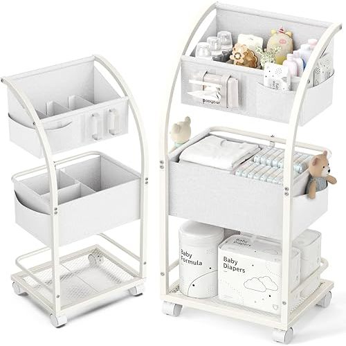 VBABY Diaper Caddy Organizer Cart, 3 Tier Rolling Storage Cart with Wheels, Bedside Cart for Baby Essentials Supplies, Diaper Cart for Nursery, White