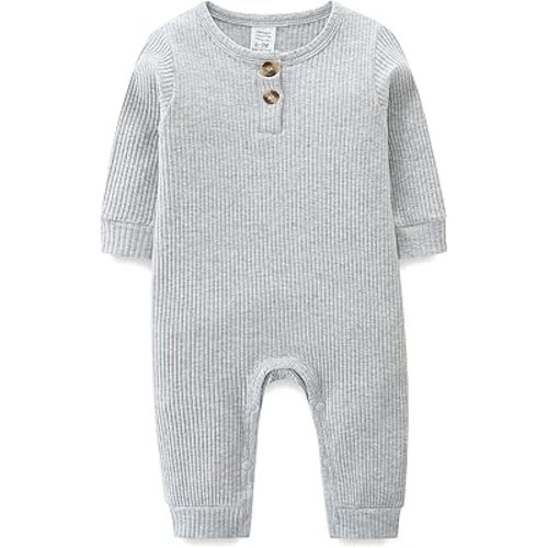 Unisex Newborn Clothes 0-12 Months Long Sleeve Snaps up Solid Ribbed Knit Baby Outfits