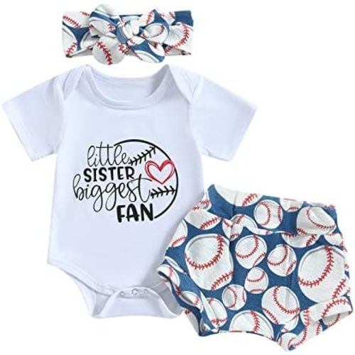 Chloefairy Newborn Baby Girl Baseball Outfit Little Sister Biggest Fan Romper Ruffle Baseball Shorts Set