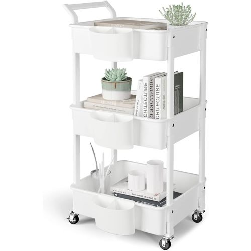 3-Tier Utility Rolling Cart,Mobile Utility Cart with Lockable Caster Wheels,Storage Shelves Organizer Cart, 3 Hanging Baskets, Easy Assembly,for Bathroom, Kitchen, Office, Workshop,White