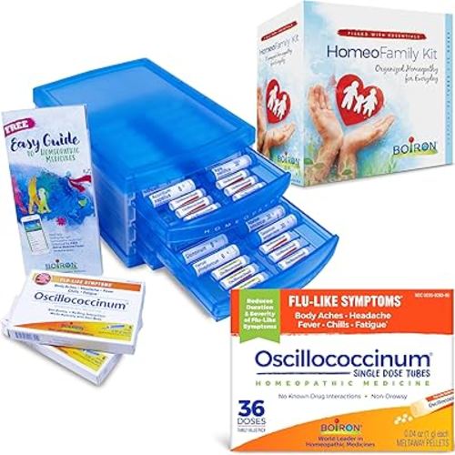 Boiron HomeoFamily Kit with The Essentials - 32 Assorted Homeopathic 6c and 30c Tubes with 12 Oscillococcinum Doses Plus 36 Extra Oscillo Bonus Doses with Blue Storage Drawers