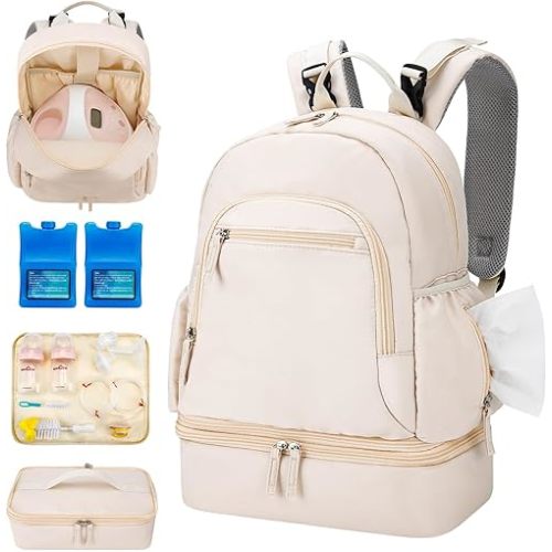 Breast Pump Backpack for Spectra S1 and S2 with Removable Cooler Compartment, Pumping Bag for Pump Accessories, Breast Pump Bag for Work, Travel and Family Use Beige
