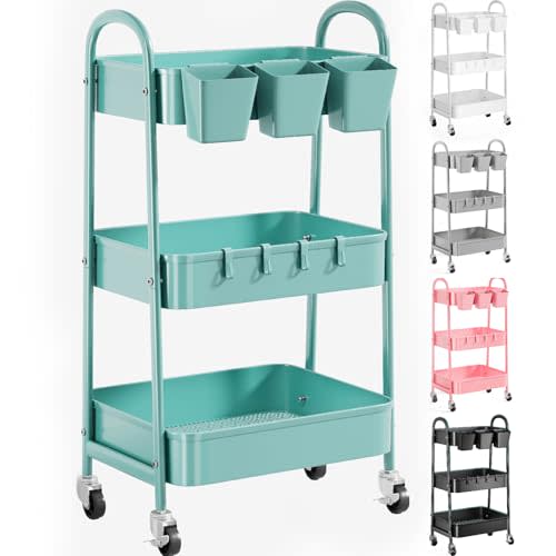 3 Tier Turquoise Metal Mesh Rolling Cart, Storage Cart with Handle and Lockable Wheels, Multifunctional Three Tiered Utility Organizer Cart on Wheels for Kitchen, Office, Bathroom, Crafts, Arts, Snack