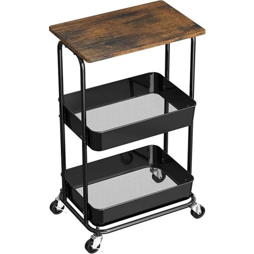 Simple Houseware 2-Tier Utility Cart Wood Top/Lockable Wheel, Rustic Brown