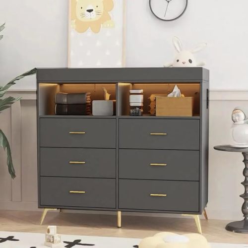 Changing Table Dresser with Drawers, Baby Dresser with Changing Table Top, Power Outlet, LED Light & Metal Feet, Diaper Changing Station Nursery Organizer for Infants Newborn (Grey)