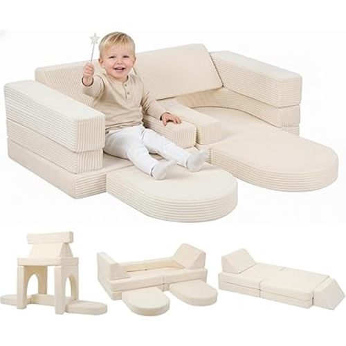 MeMoreCool 10-Piece Kids Modular Play Couch, Beige Corduroy Foam Sofa for Toddlers, Convertible Playroom Furniture and Fort Building Set for Boys and Girls