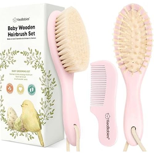 Baby Hair Brush and Comb Set for Newborn - Wooden Baby Hair Brush Set with Soft Goat Bristle, Baby Brush Set for Newborns, Baby Brush and Comb Set Girl, Boy, Toddler Cradle Cap Brush (Oval, Blush)