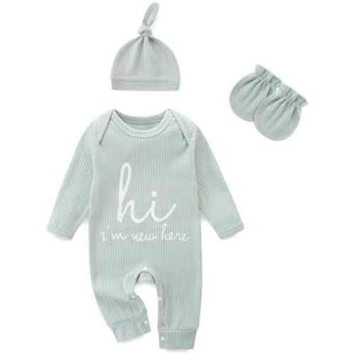 Newborn Girls and Boys Romper, Hi I’m New Here Long Sleeve Cotton Baby Clothes, Newborn Coming Home Outfit