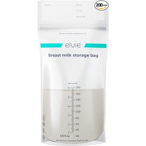 Elvie Breastmilk Storage Bags Store, Freeze and Warm Breast Milk, at Home or On The Go l 200 x 6 oz Leak-Proof Breast Milk Storage Bags l Hygienic Double-Seal Zipper