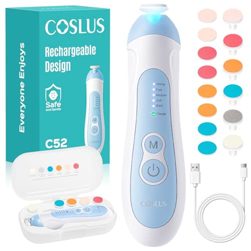 COSLUS C52 Rechargeable Baby Nail File: Cordless Baby Nail Trimmer Electric, Baby Nail Clipper with 5 Speeds & 6 Grinding Heads for Baby Kid, CPC Certified & Quiet Design - Safe for Sleep Trim, Blue