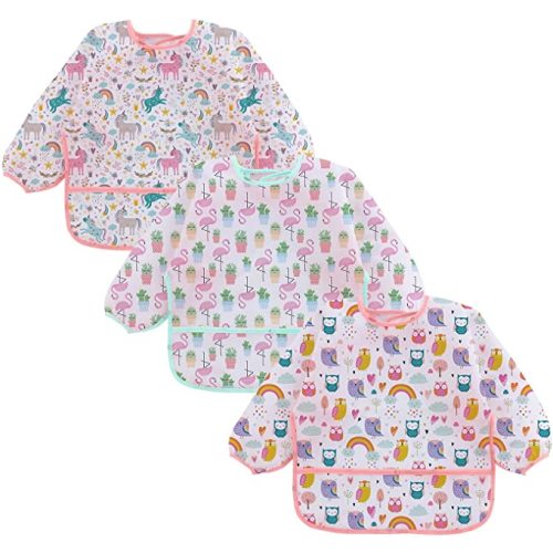 Haimoburg 3 Pcs Waterproof Long Sleeves Baby Bibs Weaning Smock Bib 3-24 Months