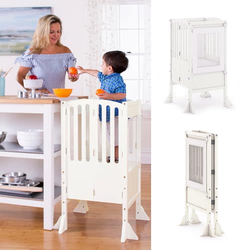 Guidecraft Contemporary Kitchen Helper® Stool with 2 Keepers- Ivory: Foldable, Adjustable Height, Wooden Step Stool Tower for Toddlers | Little Kids Safety Learning Furniture