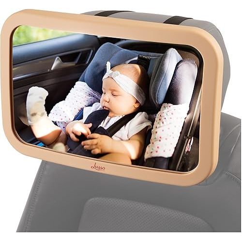 Lusso Gear Baby Backseat Mirror for Car. Largest and Most Stable Mirror with Premium Matte Finish, Crystal Clear View of Infant in Rear Facing Car Seat - Secure and Shatterproof (Tan)