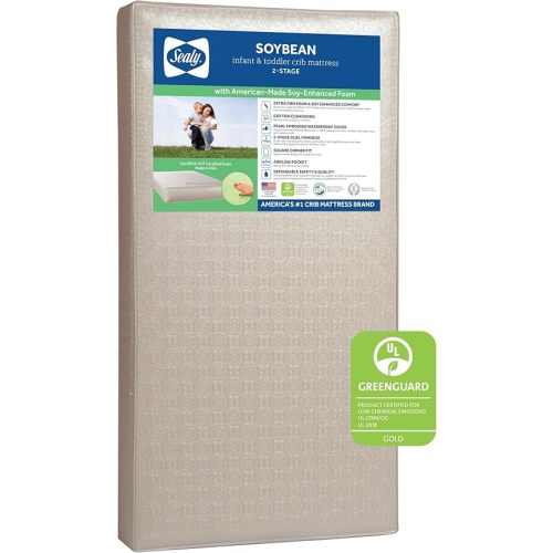 Sealy Baby Soybean Premium Foam 2-Stage Crib Mattress & Toddler Bed Mattress, Waterproof Baby Mattress, Hypoallergenic Air Quality Certified, Lightweight, Made in USA, 52"x28"
