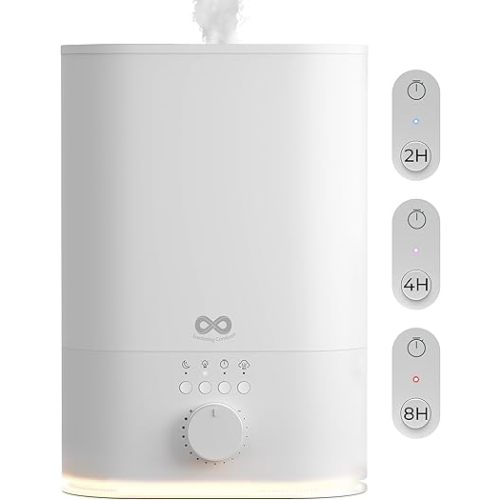 Everlasting Comfort 6L Top Fill Humidifier for Bedroom – Quiet, Easy to Fill & Clean, 60HR Runtime, Night Light, Timer, Ultrasonic Cool Mist, Auto Shut-Off for Indoor Use- White