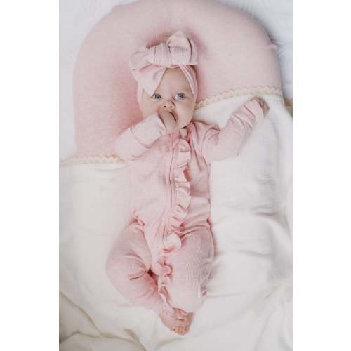 Frill Zip Romper | Baby Pink Marle Waffle
