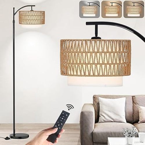 Arc Floor Lamp for Living Room,Farmhouse Floor Lamps with Remote Control & Dimmable Bulb,Rattan Boho Tall Standing Lamp for Bedroom Office