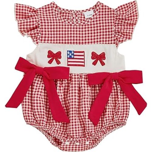 My First 4th Of July Baby Girl Outfit Newborn Smocked Bubble Romper Infant Memorial Day Bodysuit Patriotic Clothes