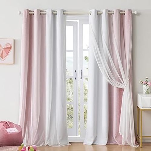 100% Blackout Curtains with Sheer Overlay Mix and Match Double Layer Drapes 96 Inch Long 2 Panels for Girls Bedroom Living Room Pink White Ombre Grommet Window Treatment with Tiebacks