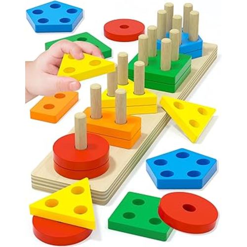 Montessori Toys for 1 2 3 Year Old Boy Girl, Toys for Ages 2-4 0-2 Toddlers Kids Baby, 1 2 Year Old Boy Girl Birthday Gifts, Wooden Learning Puzzles Shape Sorter Toys for Toddlers 1-3