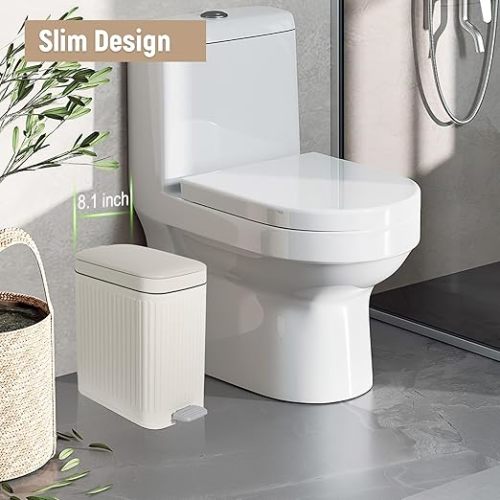 rejomiik Small Bathroom Trash Can with Lid Slim Soft Close Garbage Can Step Wastebasket Container Trash Bin for Office Bedroom Kitchen Living Room (2.6 Gallon Cream)