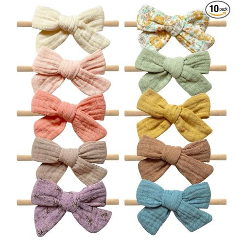 Baby Muslin Hair Bows and Headbands, 10pcs Soft Nylon Hairbands for Newborn, Infants, Toddlers