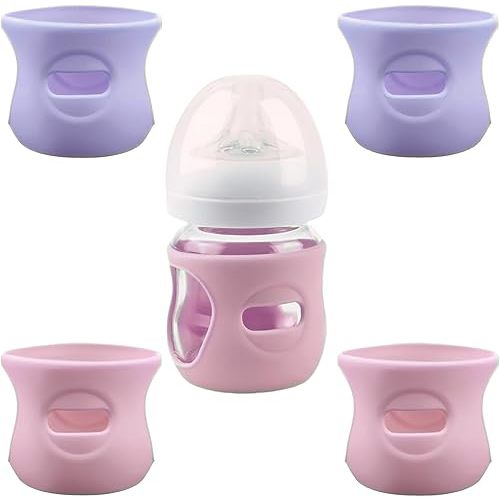 4 Pack Silicone Sleeves for Avent Natural Glass Baby Bottles, Anti Breakage Baby Bottle Holder, Compatible with Philips Avent Glass Natural Baby Bottle, BPA Free (Pink Purple, 4 OZ)