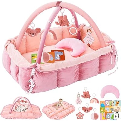 5-in-1 Plush Baby Play Gym, Baby Play Mats, Convertible Baby Gym with Pillow, Tummy time mat, 6 Sensory Toys, Activity Center, Ball Pit, Light Pink
