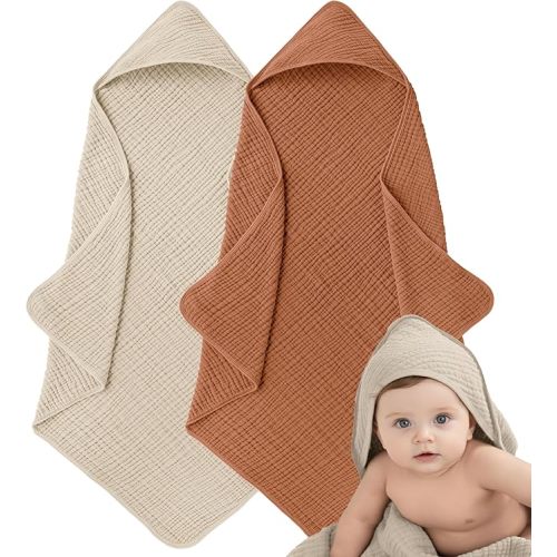 Muslin Hooded Baby Towels for Newborns - Hazel Brown and Beige