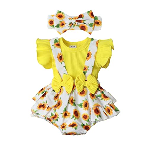Newborn Baby Girl Clothes Infant Romper Floral Suspender Dress Ruffle Sleeve Onesie Outfit Jumpsuit Headband Spring Summer