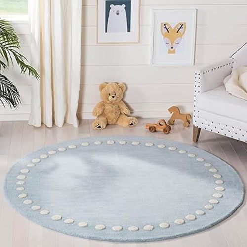 SAFAVIEH Kids Collection Area Rug - 3' Round, Blue & Ivory, Polka Dot Border Design, Handmade Wool, Ideal for The Kids Room, Playroom, Nursery (SFK802M-3R)
