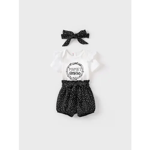 3-Piece Baby Girl Letter Print Romper and Polka dots Shorts and Headband Set Only $19.99 - PatPat US Mobile