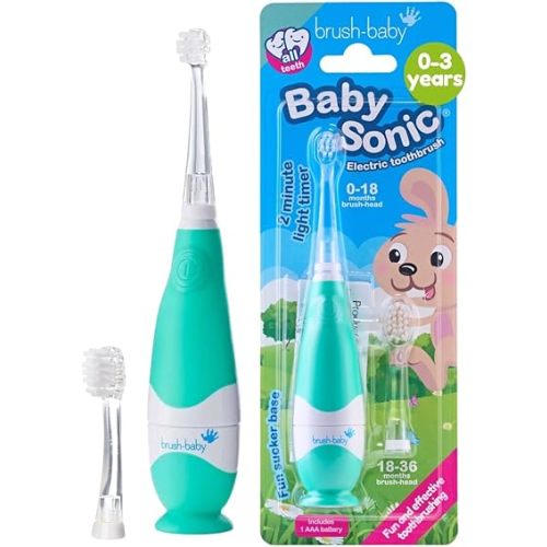 brush-baby BabySonic Infant and Toddler Electric Toothbrush for Ages 0-3 Years - Smart LED Timer and Gentle Vibration Provide a Fun Brushing Experience - Includes 2 Sensitive Brush Heads (Teal)