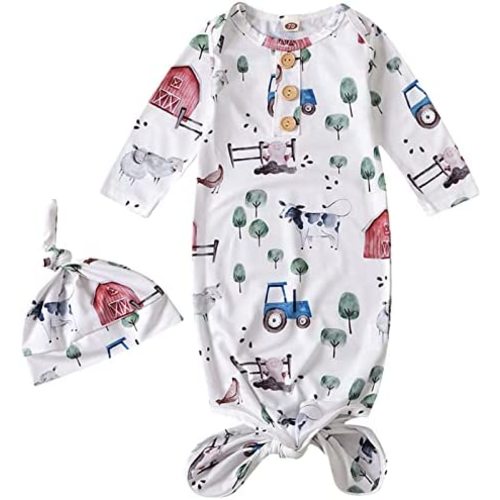 AMAWMW Newborn Baby Boys Girls Cartoon Sleeper Gown Long Sleeve Mountain Nightgown Hat Outfits