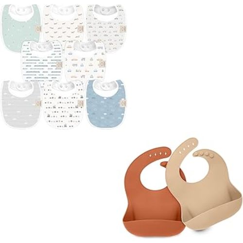 KeaBabies 8-Pack Baby Bibs for Girls & Boys and 2-Pack Silicone Bibs For Babies - Teething Infant Drool Catcher for Boy, Girl, Silicone Food Catcher for Eating