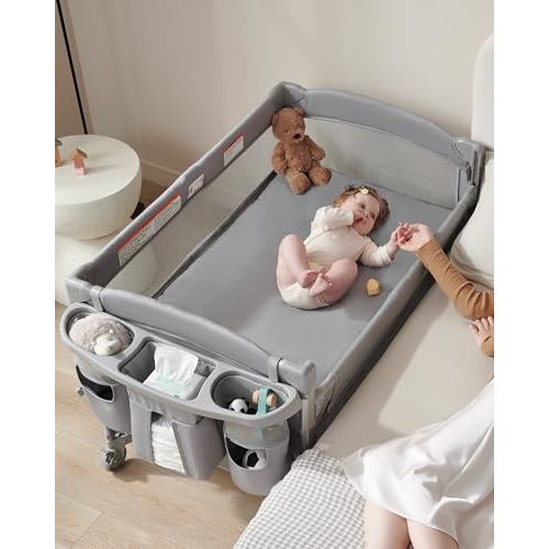 AirClub 4 in 1 Baby Bassinet Bedside Sleeper, 4 Functions Crib, Playard, Portable Changing Table, Bassinet for Newborn Baby, Bedsaide Bed w/Wheels&Brakes