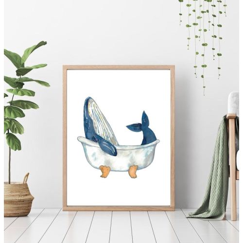 Humpback whale taking bath watercolor painting print art bathroom room washroom Sea life nautical ocean wall poster decor modern