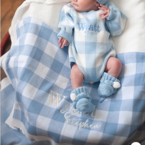 Gingham Personalized Knit Blanket - Blue – Sweet June