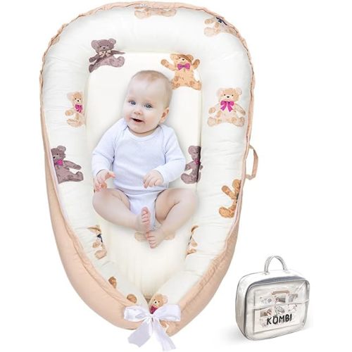 Baby Lounger for Newborn 0–24 Months, Baby Nest Co Sleeper Pillow with Breathable Cover, Portable Infant Bed for Boys & Girls, Infant Lounger for Home & Travel (Ivory Bear)