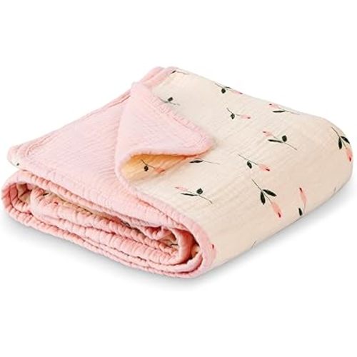 Muslin Baby Blanket Crib Blanket, Double-Sided for Girls, 40x40 Inch - Pink & Floral Print Quilt Blankets, Soft Breathable Toddler Blanket for Infants & Toddlers, Naptime/Bath/Stroller