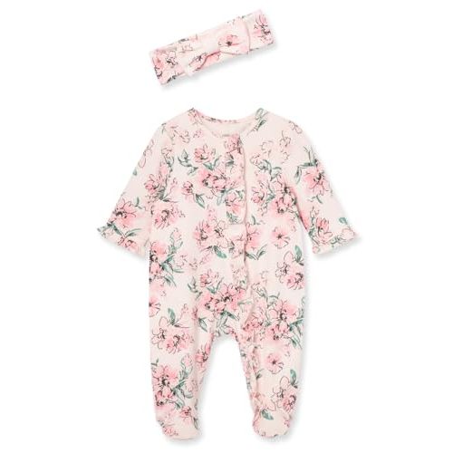Little Me Baby Girls 100% Cotton 2-piece Zipper Closure Footie and Headband Set