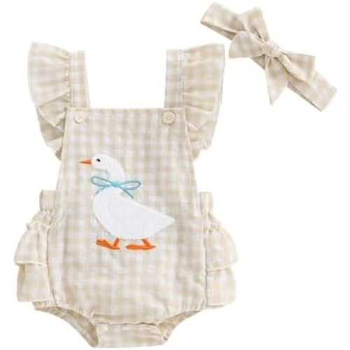Baby Girl Summer Outfit Goose Embroidery Plaid Ruffle Sleeveless Bubble Romper Bodysuit Newborn Farm Clothes Headband