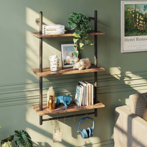 Bestier 38 inch Wall Mounted Floating Shelves with Towel Bar & Hooks Bookshelf in Rustic