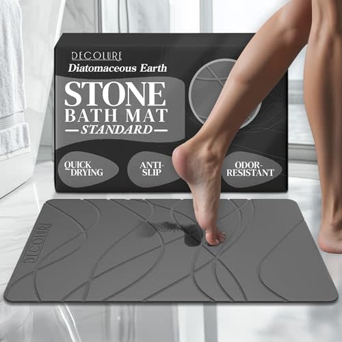 DECOLURE Stone Bath Mat, Quick Dry & Non-Slip Diatomaceous Earth Shower Mat for Bathroom, Luxurious & Easy to Clean Diatomite Stone Mat for Bathroom, Kitchen, High Density (Standard, Grey)