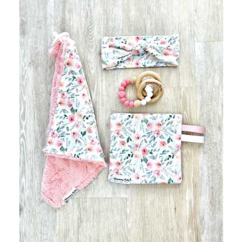 Spring Floral Binky Blanket, Crinkle Lovey / Sensory Toy and Headband