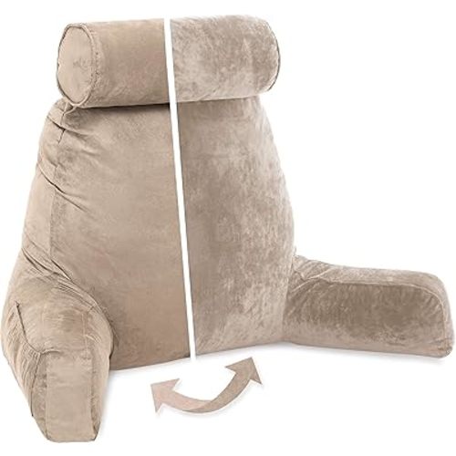 Husband Pillow XXL Aspen Edition, Adult Reading Sit Up Bed Rest Pillow for Bed with Arms & Neck Roll on Bungee Cord - Premium Memory Foam - Reversible 2 Sided Cover Micro Suede or Plush, Cowboy Taupe