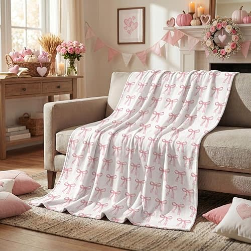 Horaldaily Bow Flannel Blanket Throw, Pink Bow Soft Fuzzy Plush Cozy Fleece Blankets for Couch Sofa Bed Lounging, Ideal Gifts for Women Mom Teacher Nurse Coworkers, 50x60