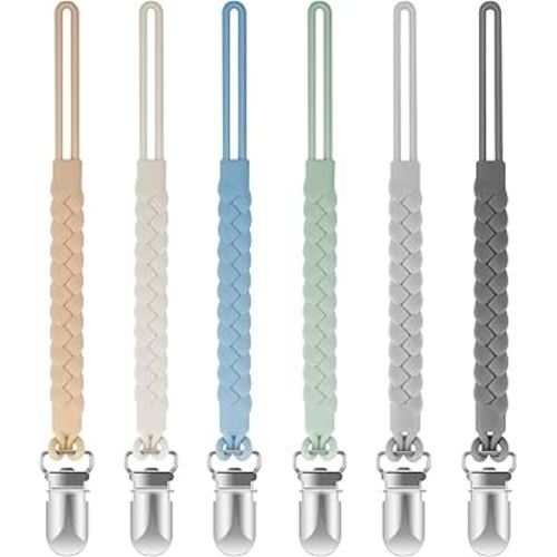 Silicone Pacifier Clips for Baby Boys and Girls, Woven Rope Flexible Design, Pacifier Holders for Teething Relief and Baby Essentials, Safe for Newborns (6 Pack)